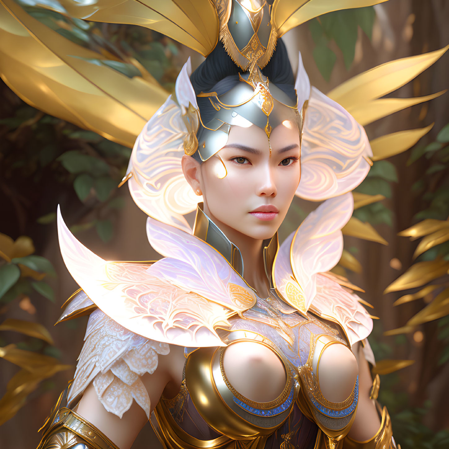 Regal figure in golden armor with wings in front of golden-leafed backdrop