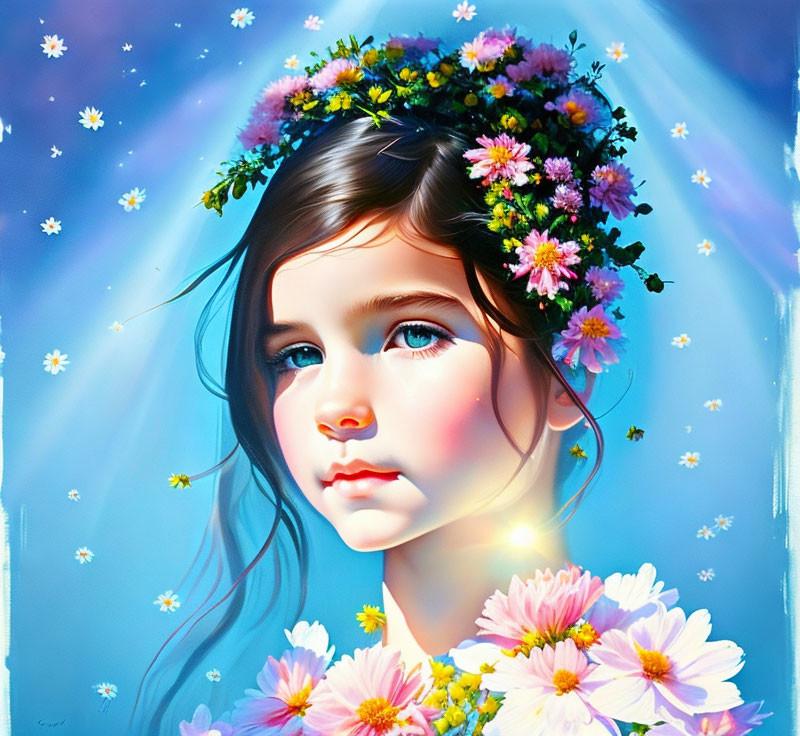 Young girl with floral crown and daisies in digital painting