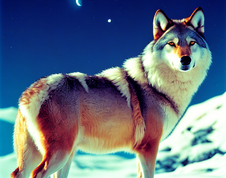 Colorful Wolf Against Night Sky and Snow-covered Ground