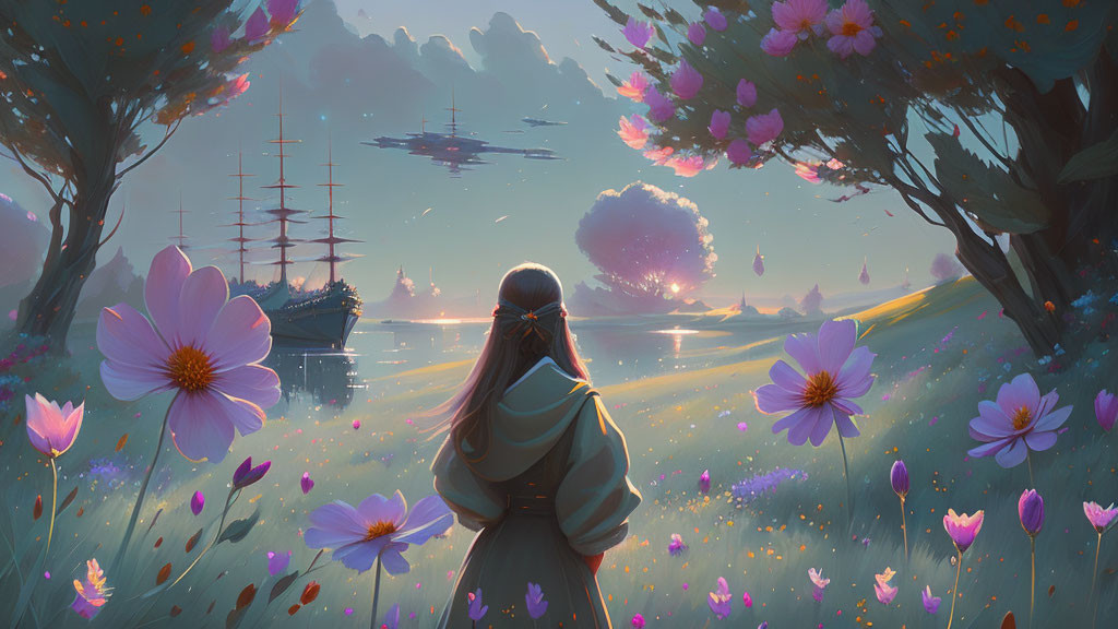 Person admires serene landscape with vibrant flowers, floating ships, glowing sunset.