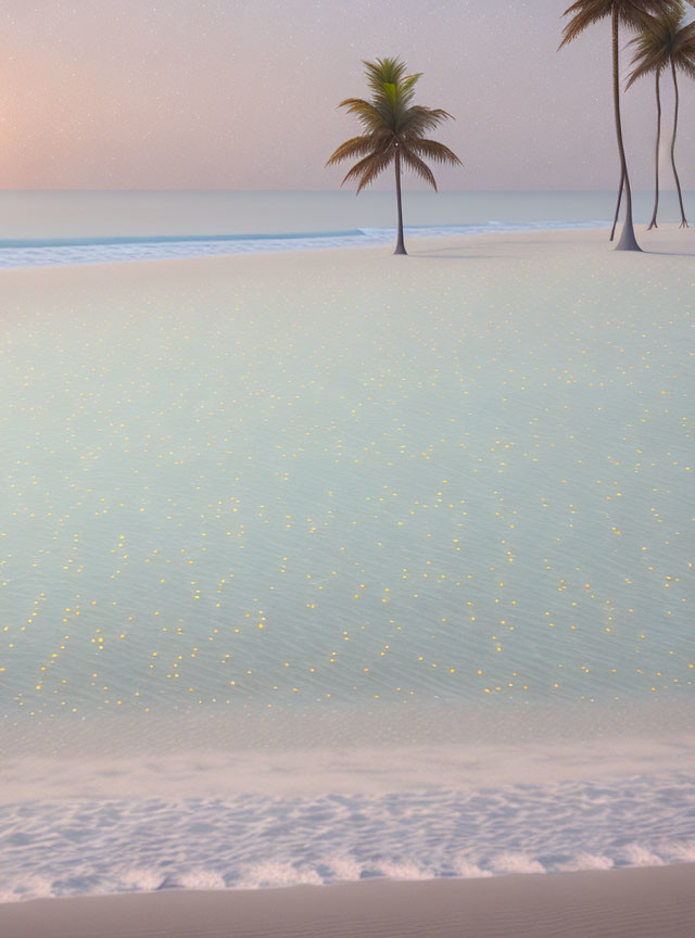 Tranquil twilight beach scene with palm trees and calm waters