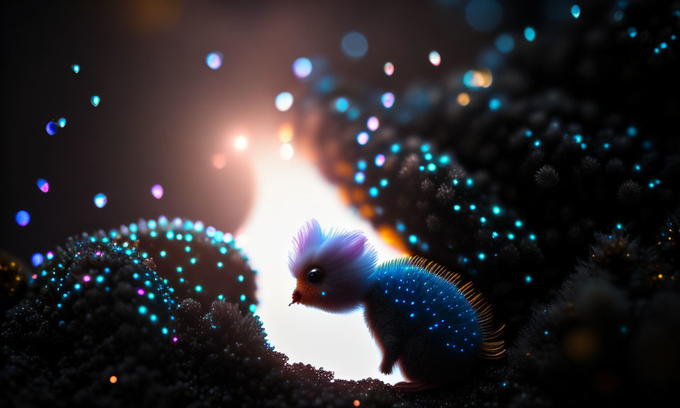 Enchanted forest illustration with glowing hedgehog-like creature