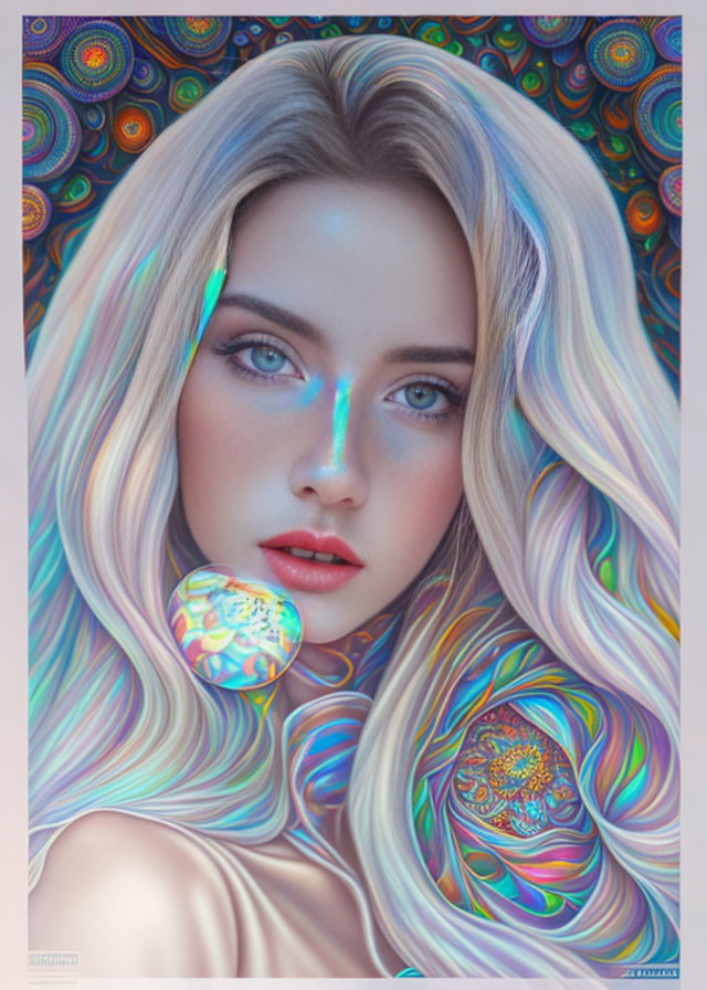 Portrait of Woman with Blue Eyes and White Hair on Psychedelic Background