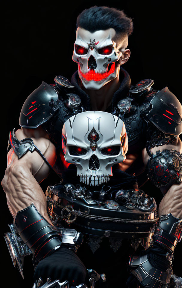 Digital Artwork: Figure in Red-Eyed Skull Mask and Futuristic Armor