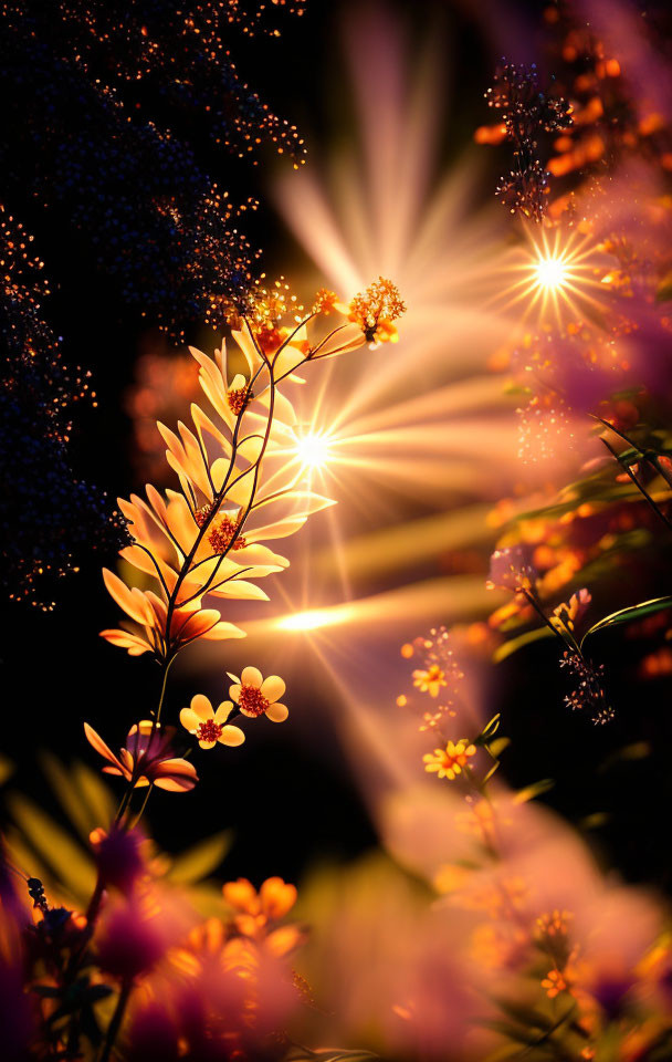 Golden flowers under warm light with glowing particles for magical ambiance