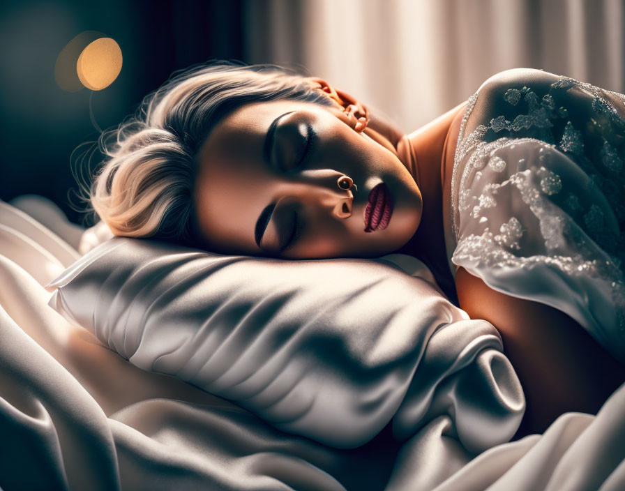 Serene woman in elegant attire resting on a pillow under soft lighting