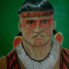 Animated male character with native adornments and tribal tattoos under dappled light