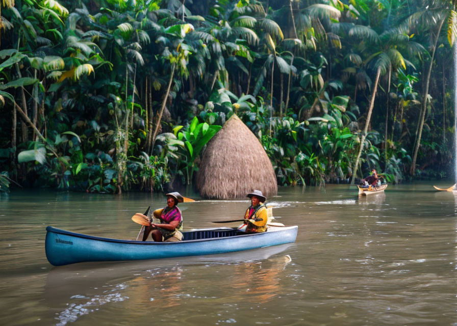 Scenic river canoeing with lush tropical backdrop