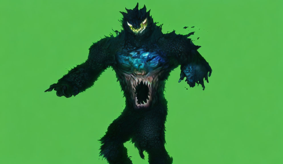 Dark-Furred Creature with Glowing Eyes on Green Background