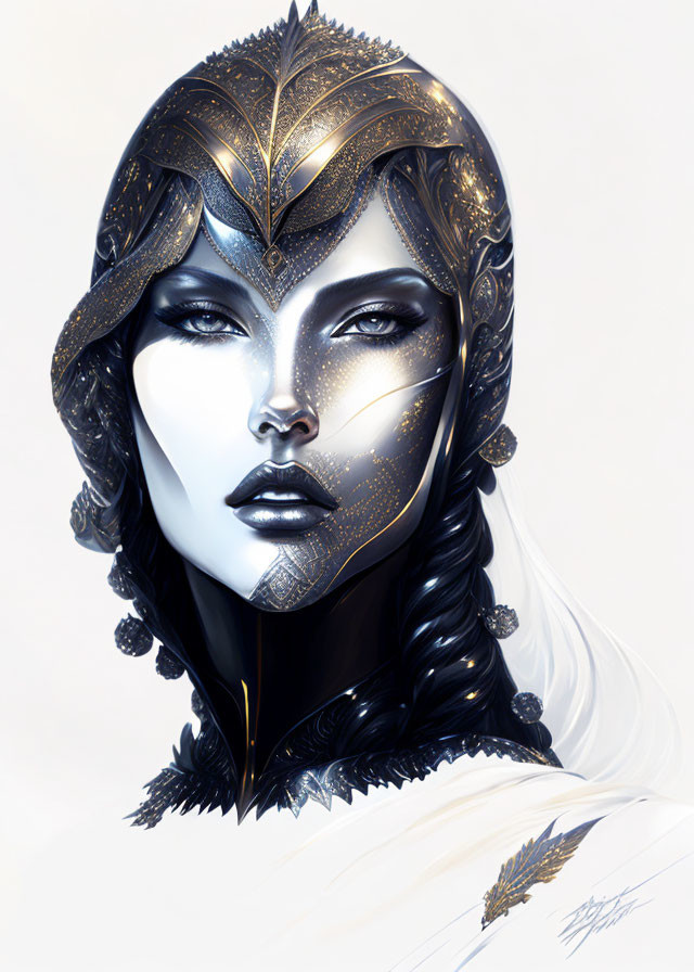 Illustrated portrait of a woman in ornate gold and black armor with intricate helmet and striking makeup.