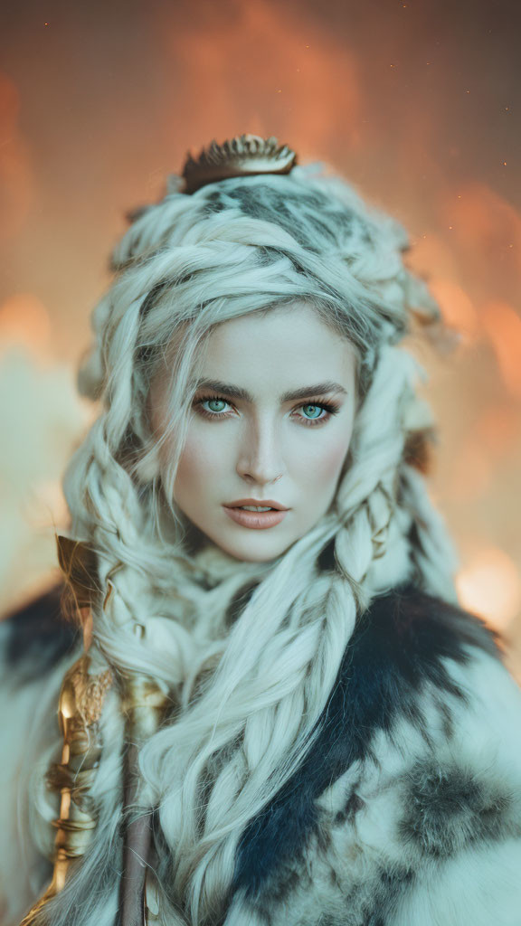 Portrait of Woman with White Braids and Blue Eyes in Golden Accessories