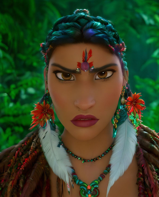 Animated female character with tribal jewelry and feathers portrait