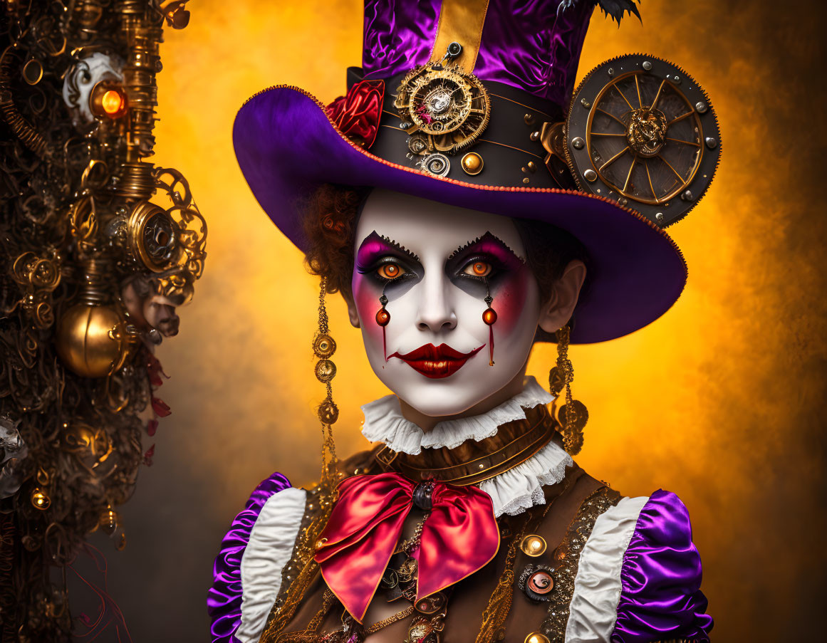 Vibrant steampunk costume with purple top hat and ruffled collar in mechanical setting