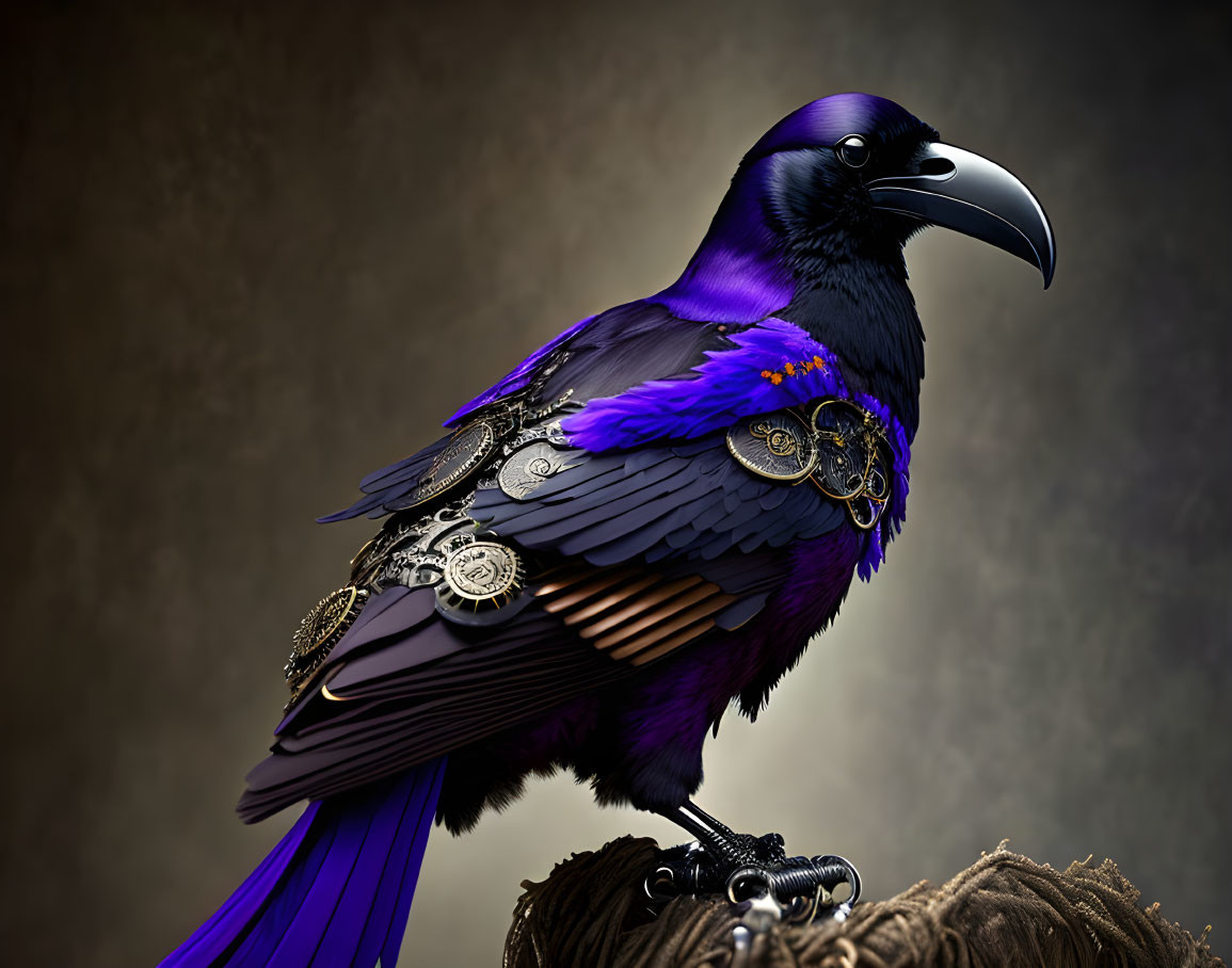 Digital artwork: Raven with purple steampunk feathers and gears