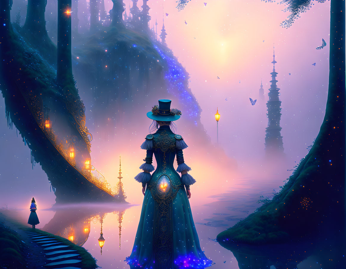 Detailed blue dress and hat woman in fantastical pink and violet landscape.