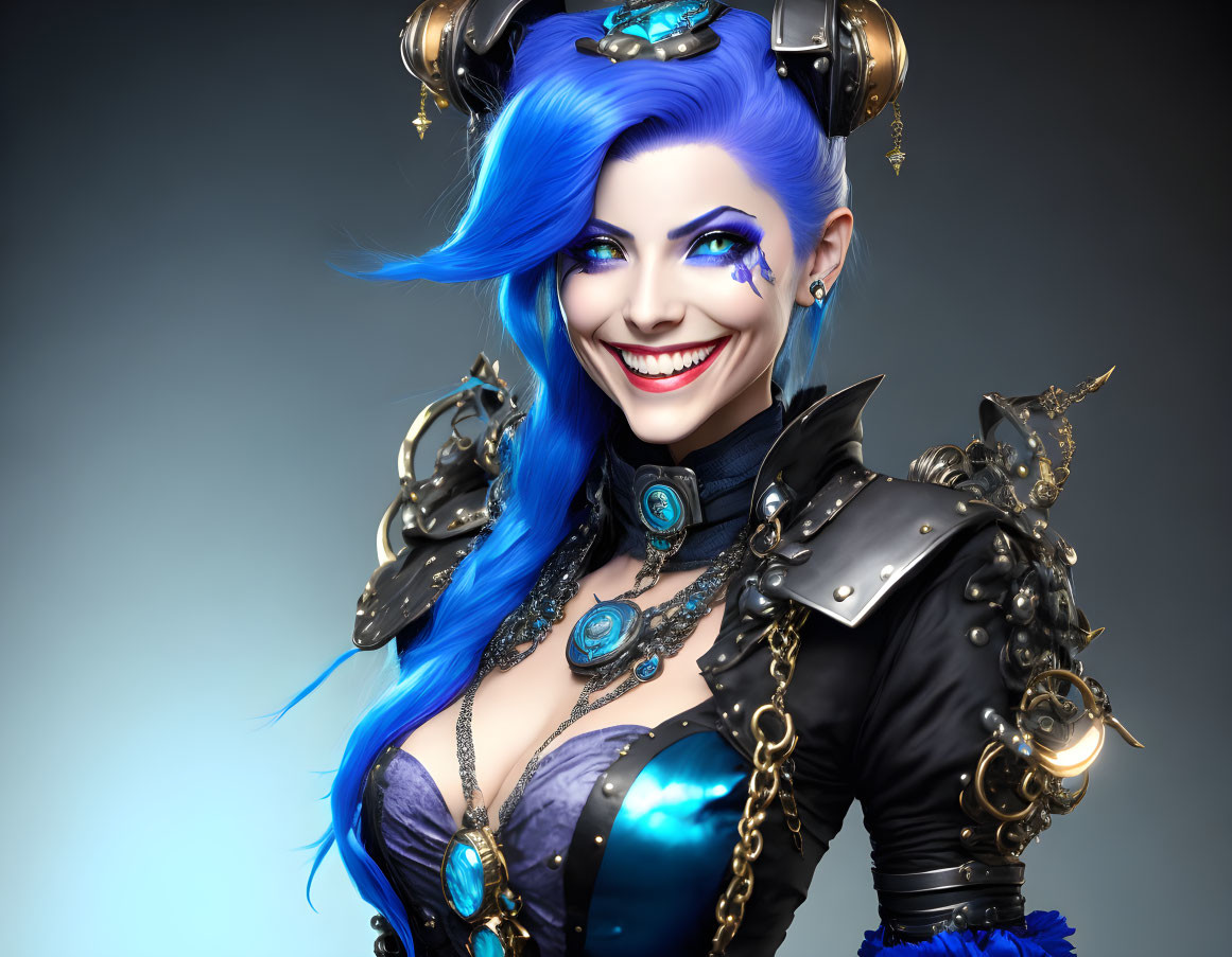 Digital Illustration: Smiling Woman with Blue Hair in Steampunk Attire