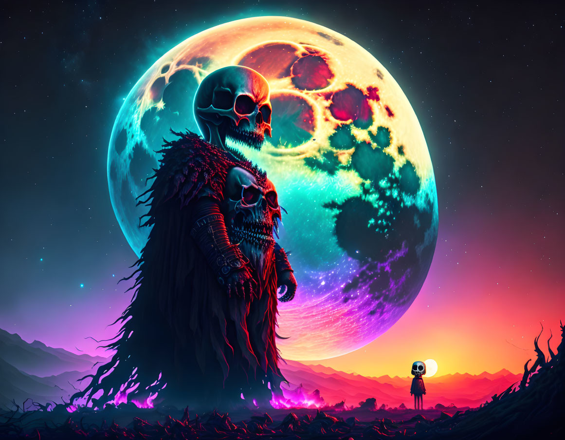 Surreal sci-fi artwork: cloaked figure with skull head, giant moon, astronaut, vibrant