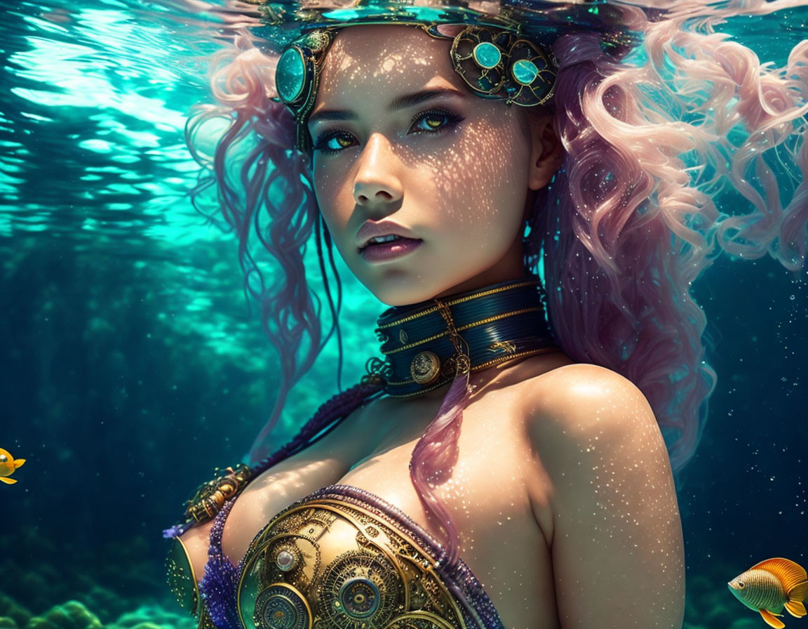 Steampunk-inspired woman in golden gear underwater scene