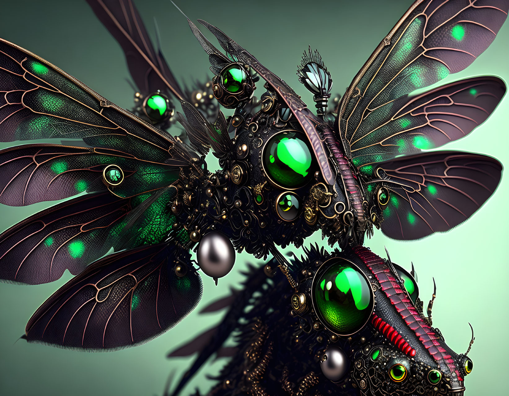 Detailed Mechanical Insect with Iridescent Wings on Soft Green Background