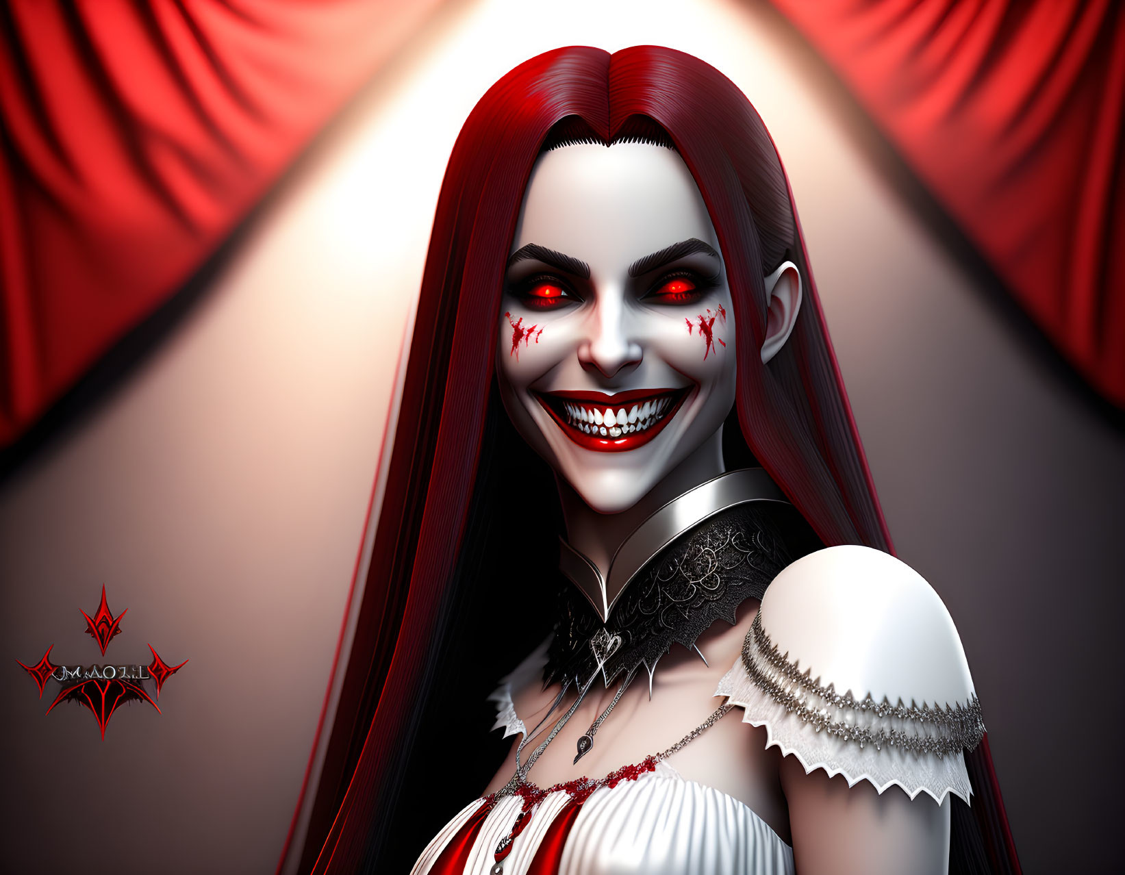 Female vampire 3D illustration: red-eyed, fanged smile, Victorian dress, red curtain.