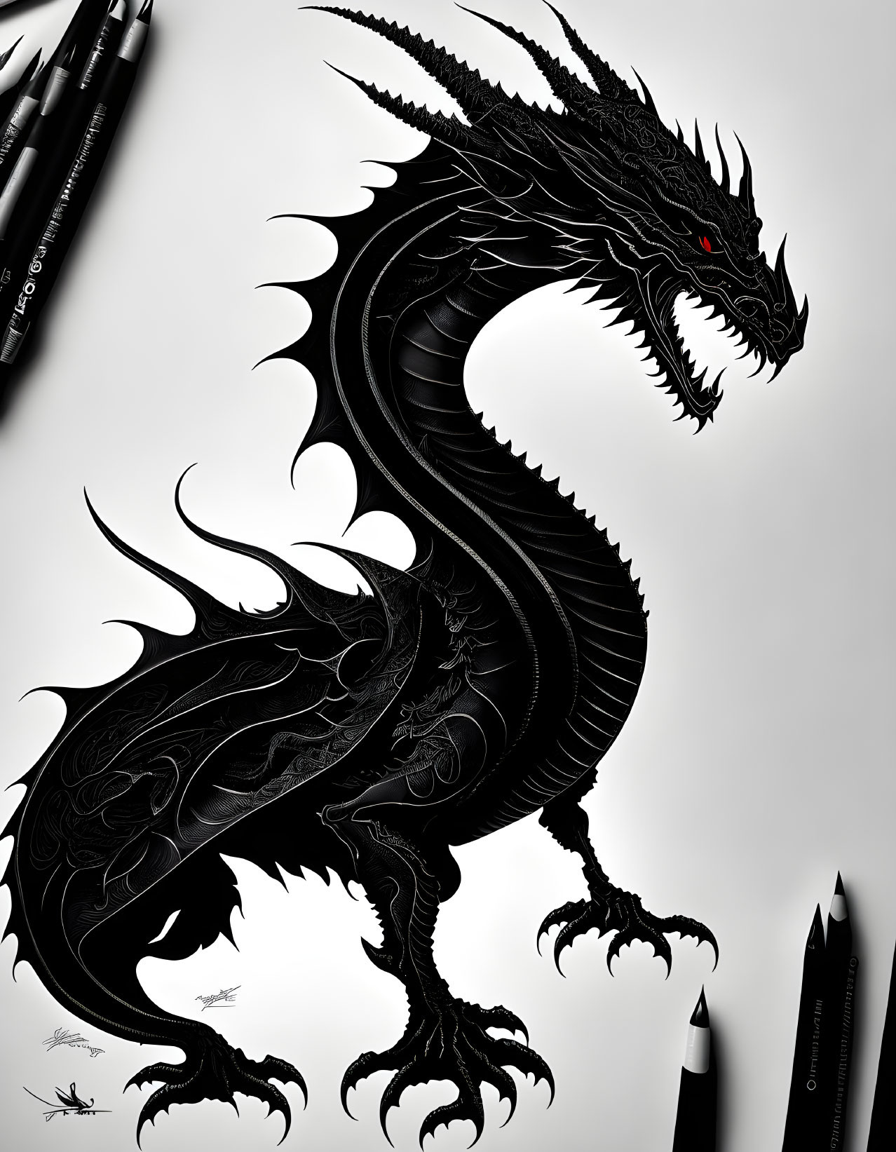 Detailed Black Dragon Illustration with Red Eyes and Intricate Patterns