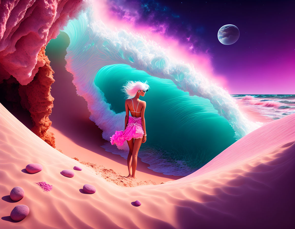 Surreal beach scene with woman facing massive wave under pink sky