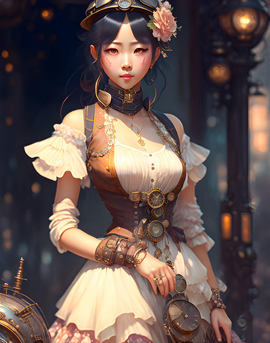 Steampunk-themed woman illustration with brass accessories and gear motifs