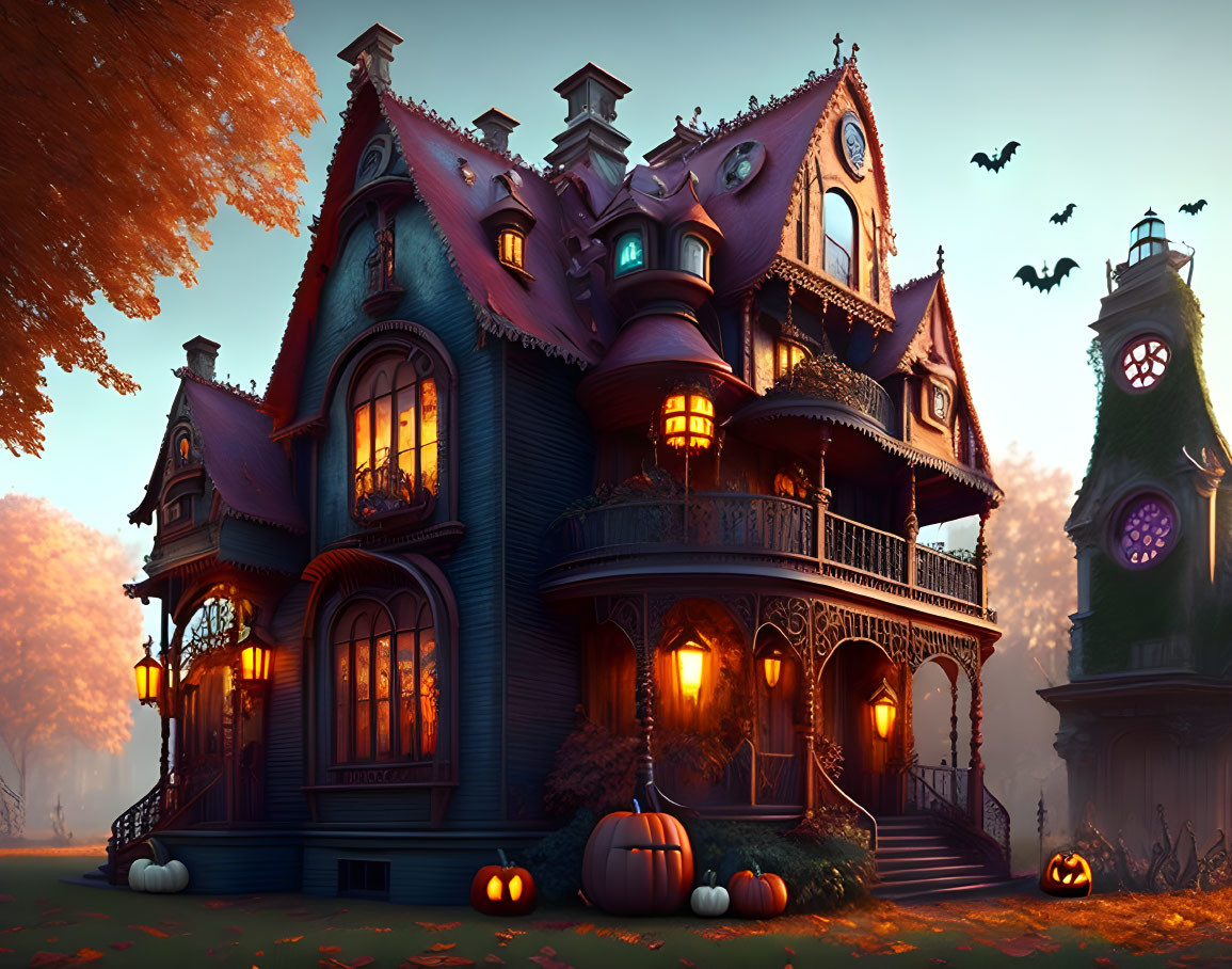 Victorian spooky mansion with autumn trees and bats