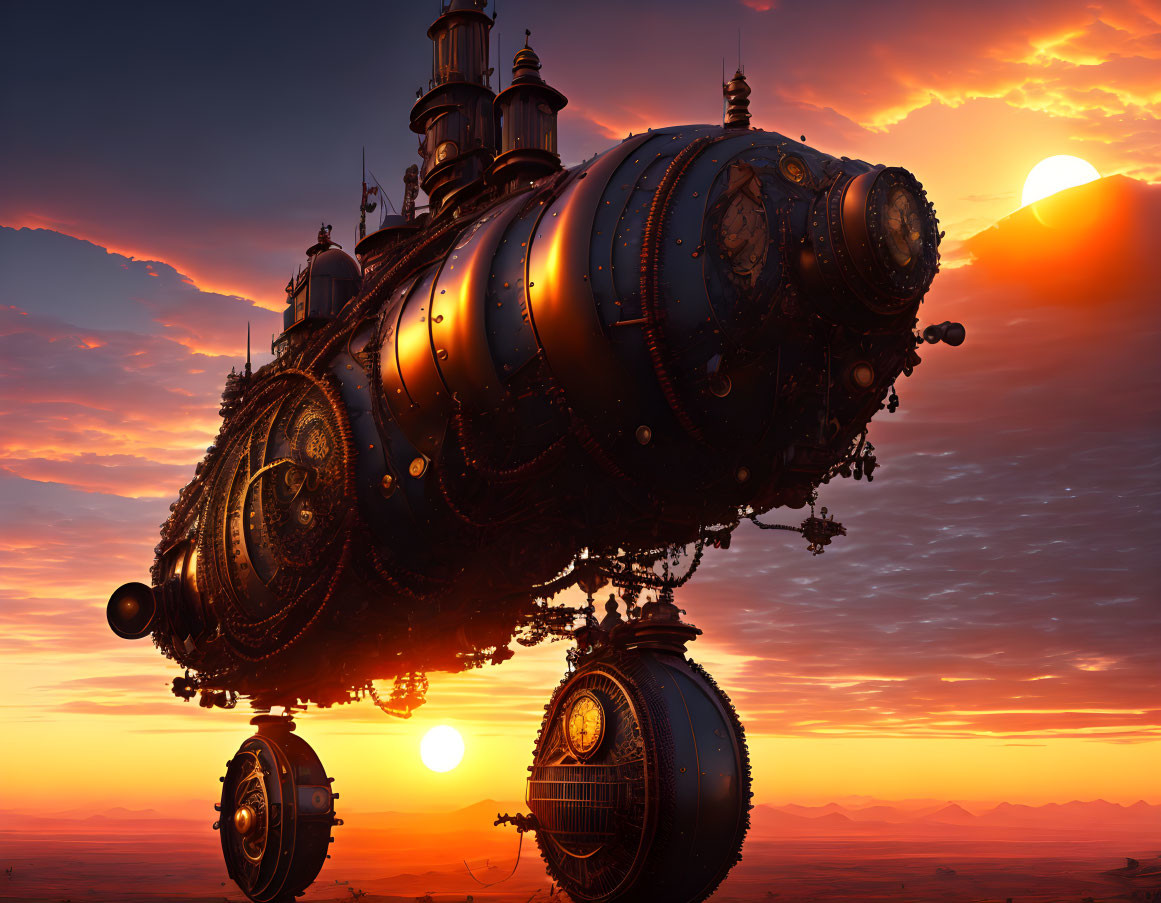 Steampunk airship in vibrant orange sky over rolling hills