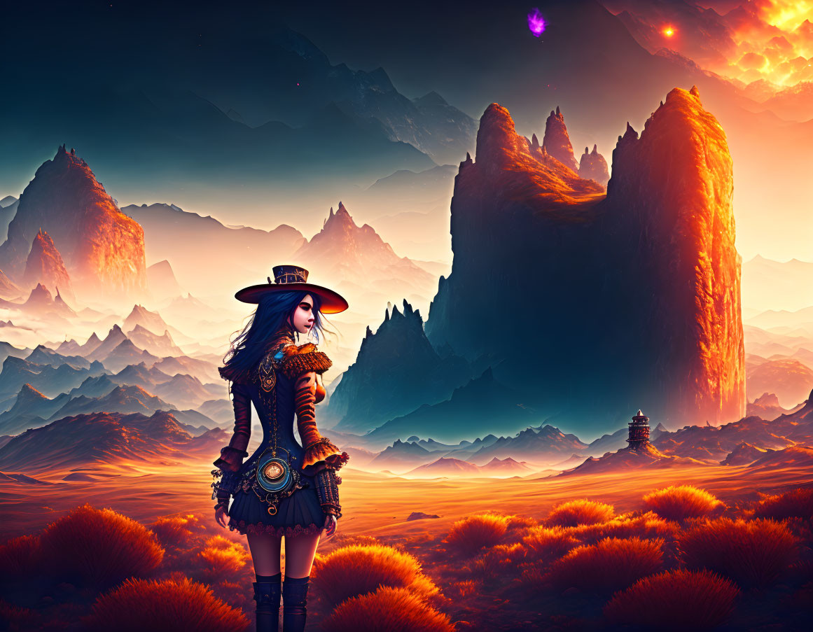 Steampunk woman in fantasy landscape with mountains and floating crystal