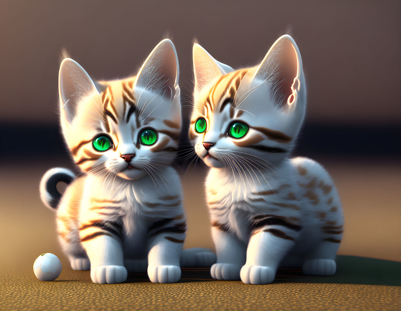 Two cute animated kittens with green eyes and striped fur next to a white ball