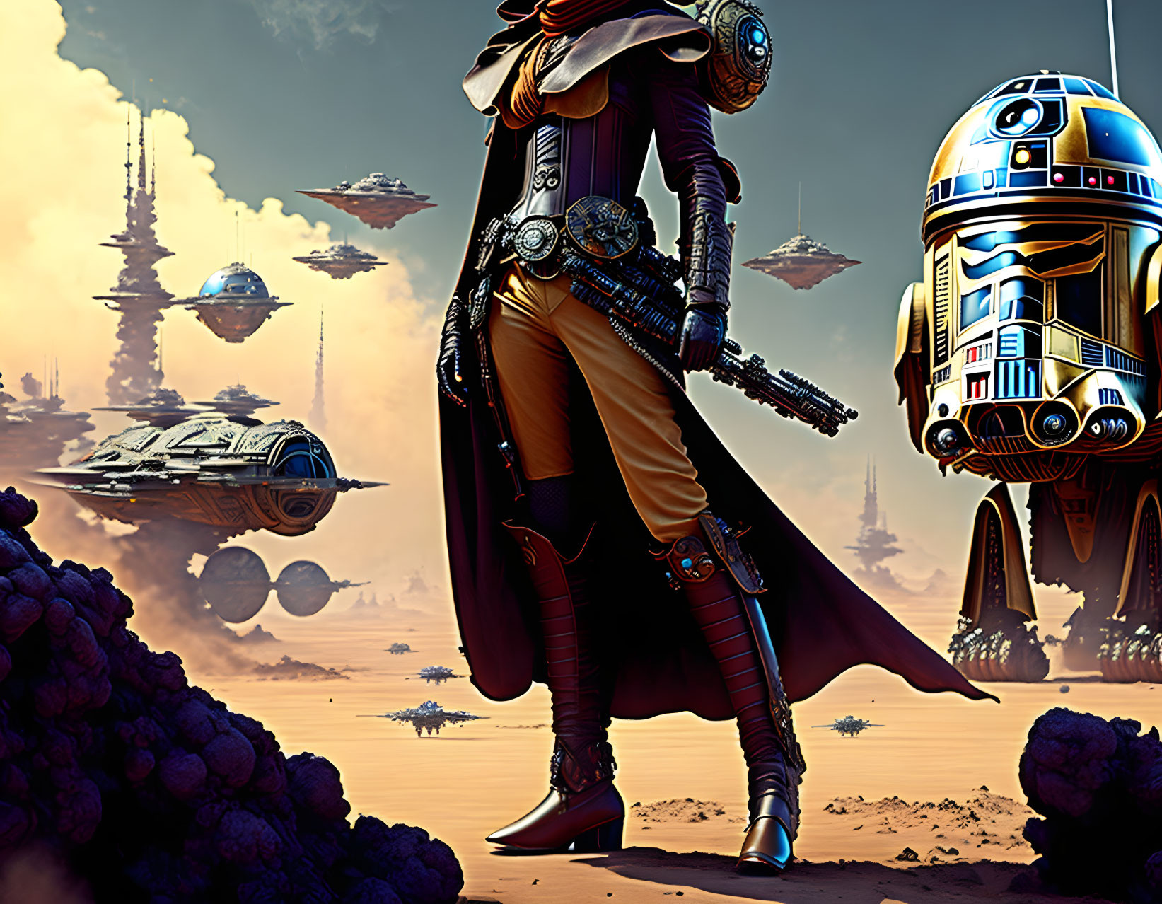 Cloaked figure with blaster and R2-D2 on desert planet with Star Wars starships