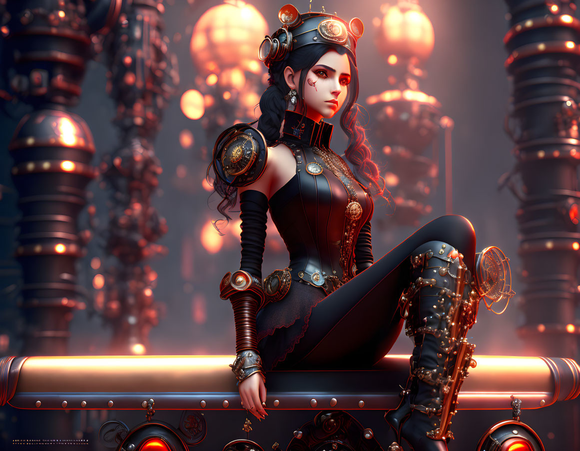 Steampunk-themed digital artwork of a confident woman with goggles, surrounded by glowing orbs and machinery.