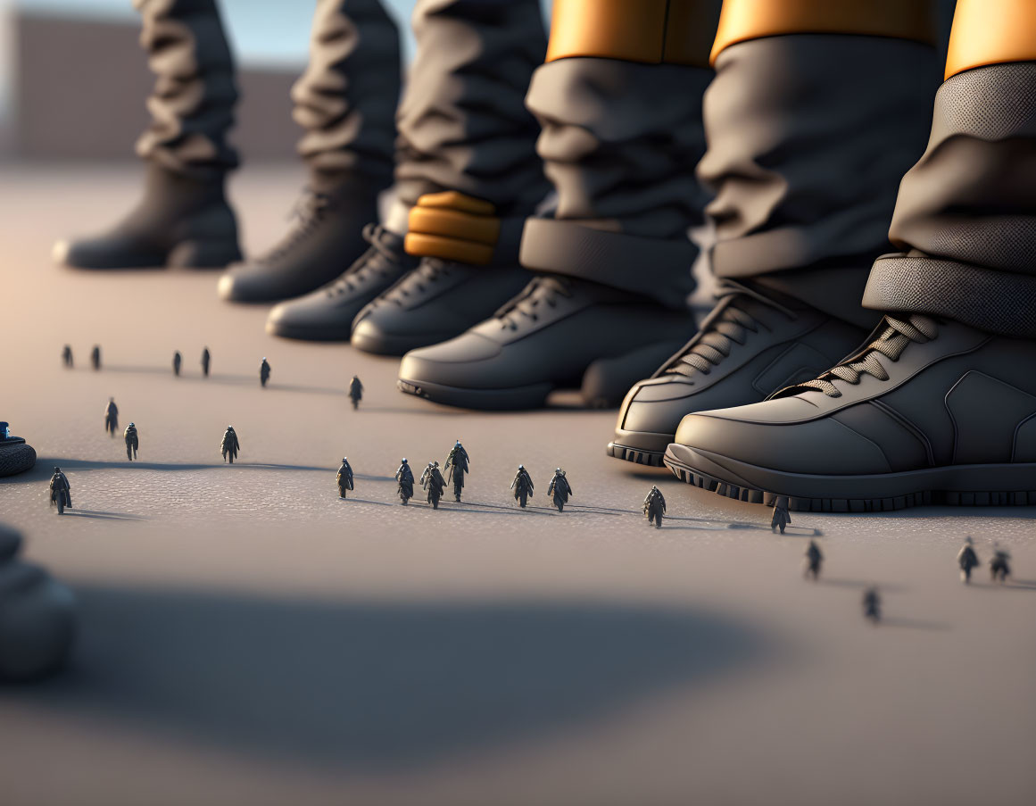 Silhouetted people walking among towering boots on smooth surface