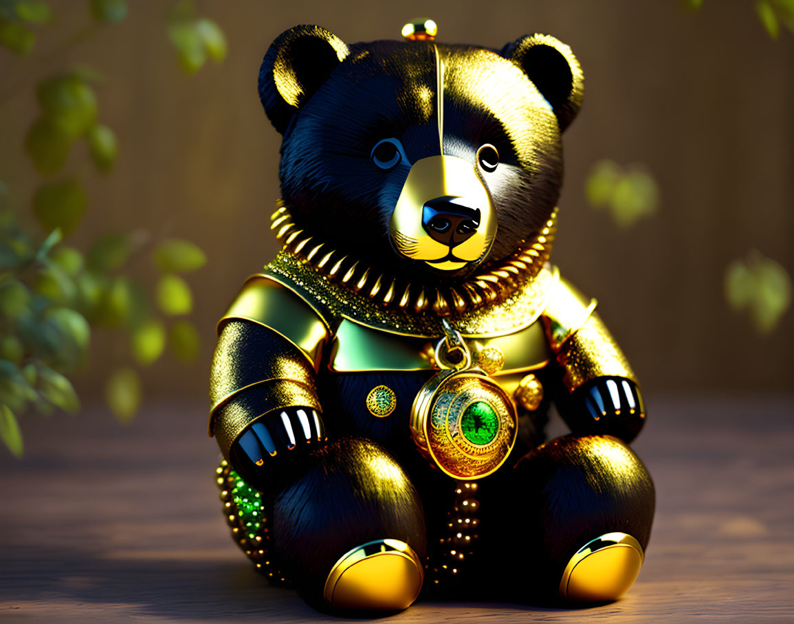 Golden Teddy Bear with Green Gem Necklace in Warmly Lit Setting