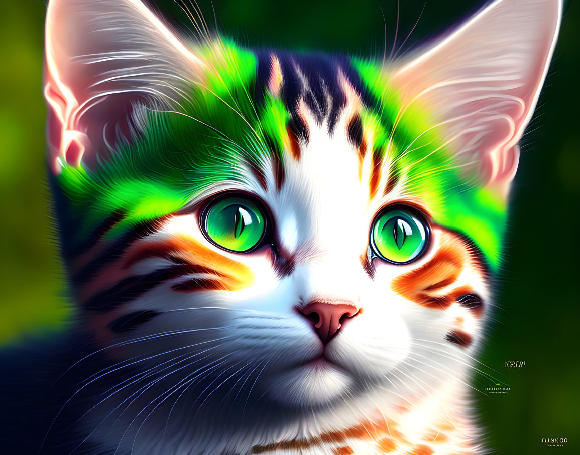 Vibrant cat illustration with green eyes and colorful fur streaks