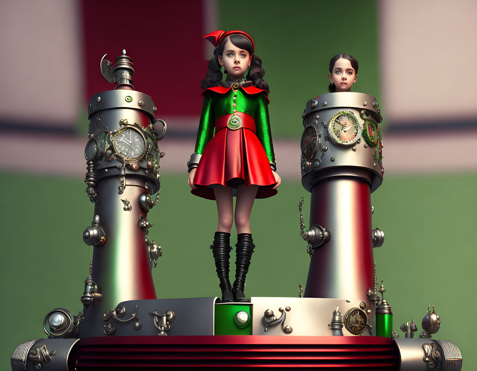 Stylized 3D-rendered girls on chess piece-like structures with gears and clocks