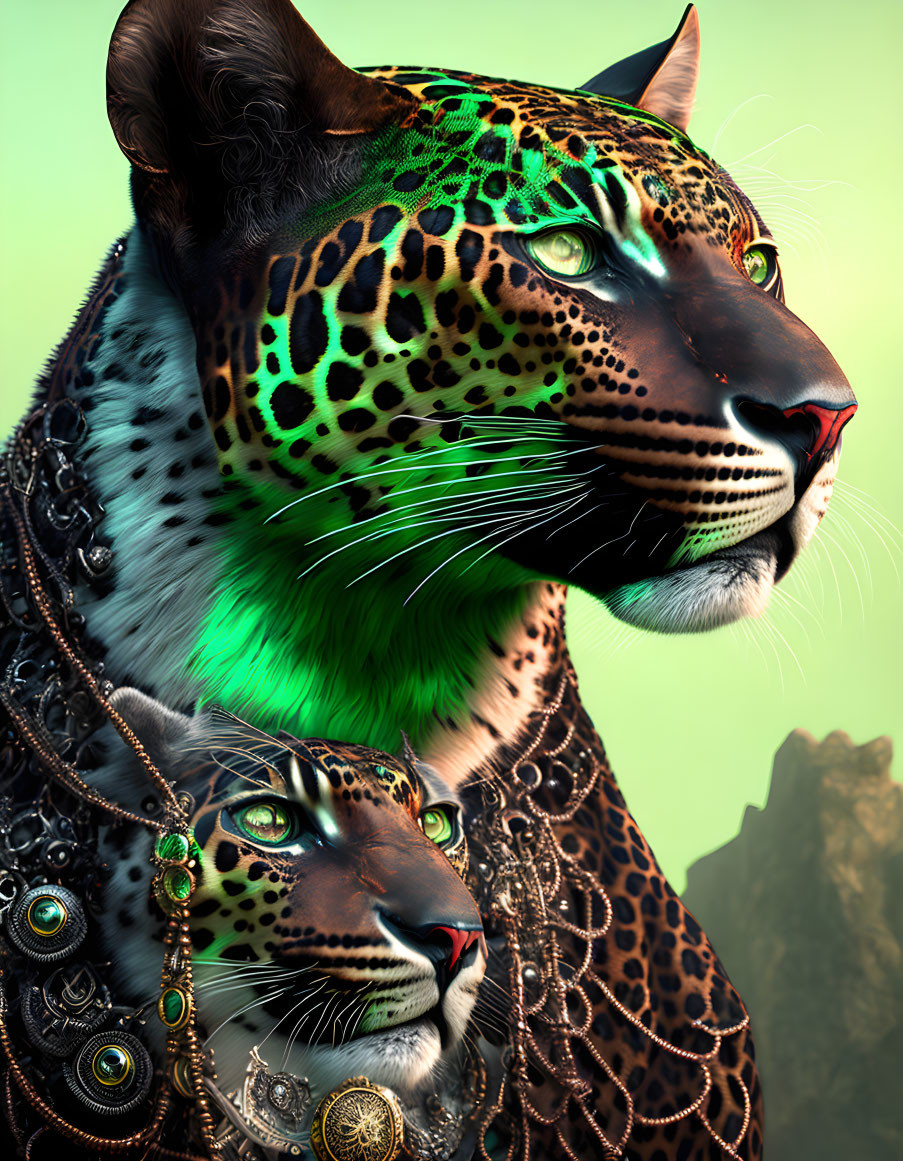 Majestic leopards with ornamental necklaces in digital art