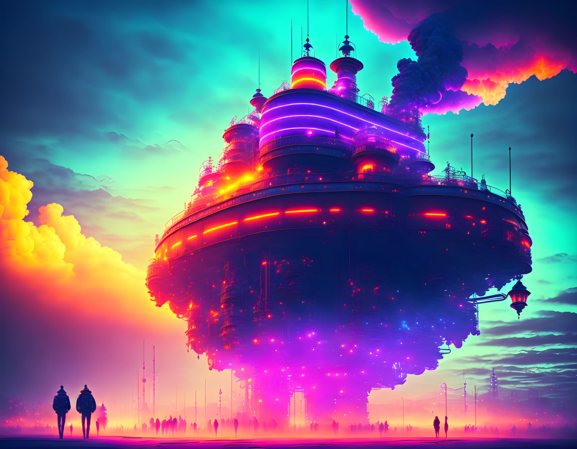 Futuristic cityscape with floating structure, purple and orange hues