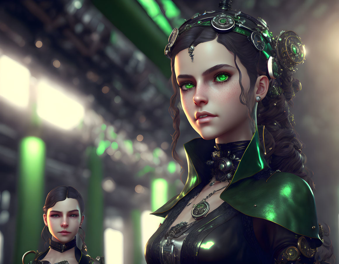 Futuristic digital artwork of two female figures in green-and-black attire with intricate headpieces against an