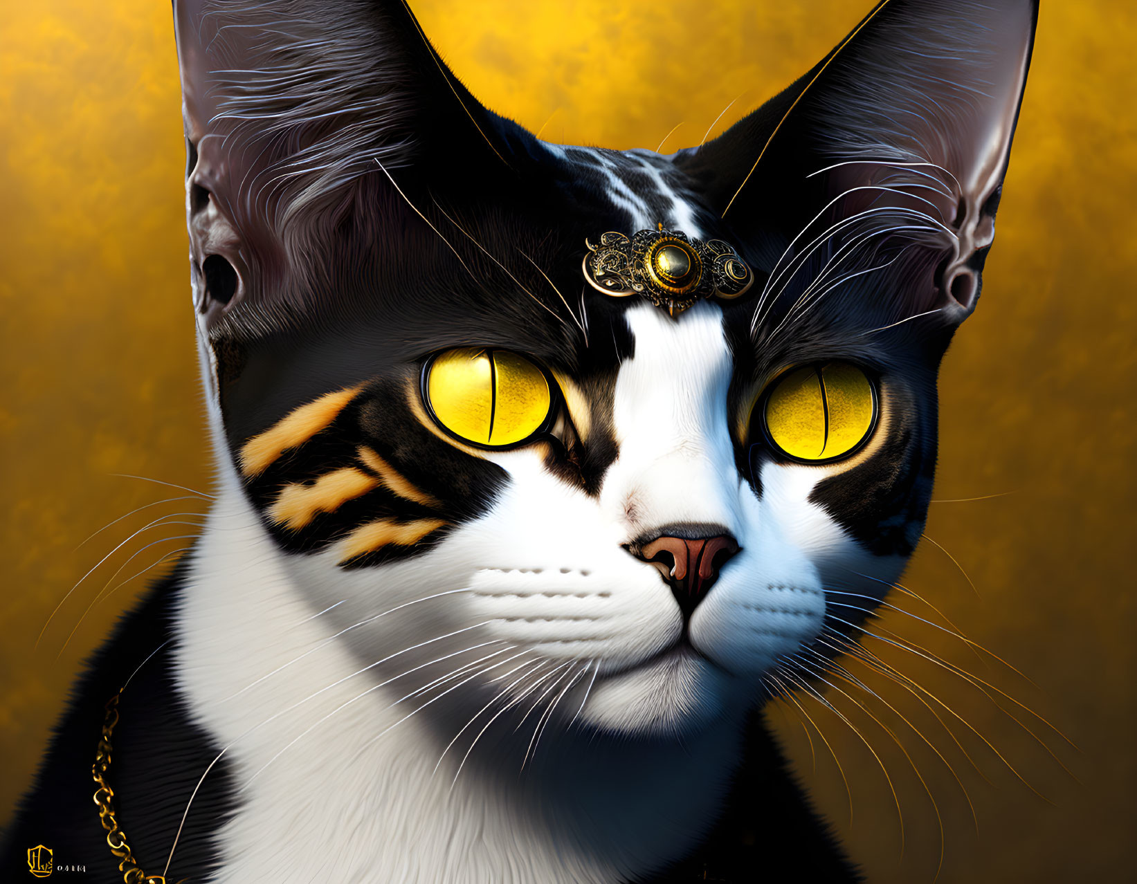 Black and White Cat with Steampunk Headpiece on Golden Background