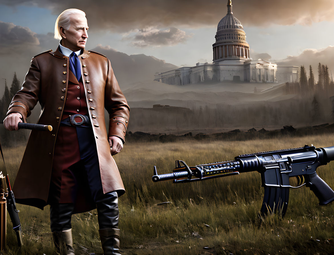 Historical military attire man with futuristic rifle in dystopian setting