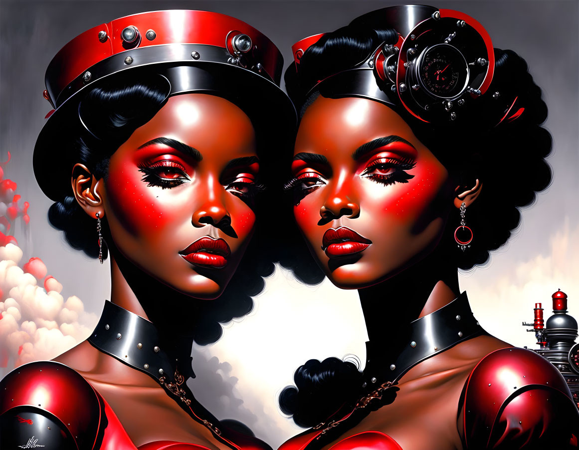 Stylized women in red futuristic attire with clock headgear in industrial setting