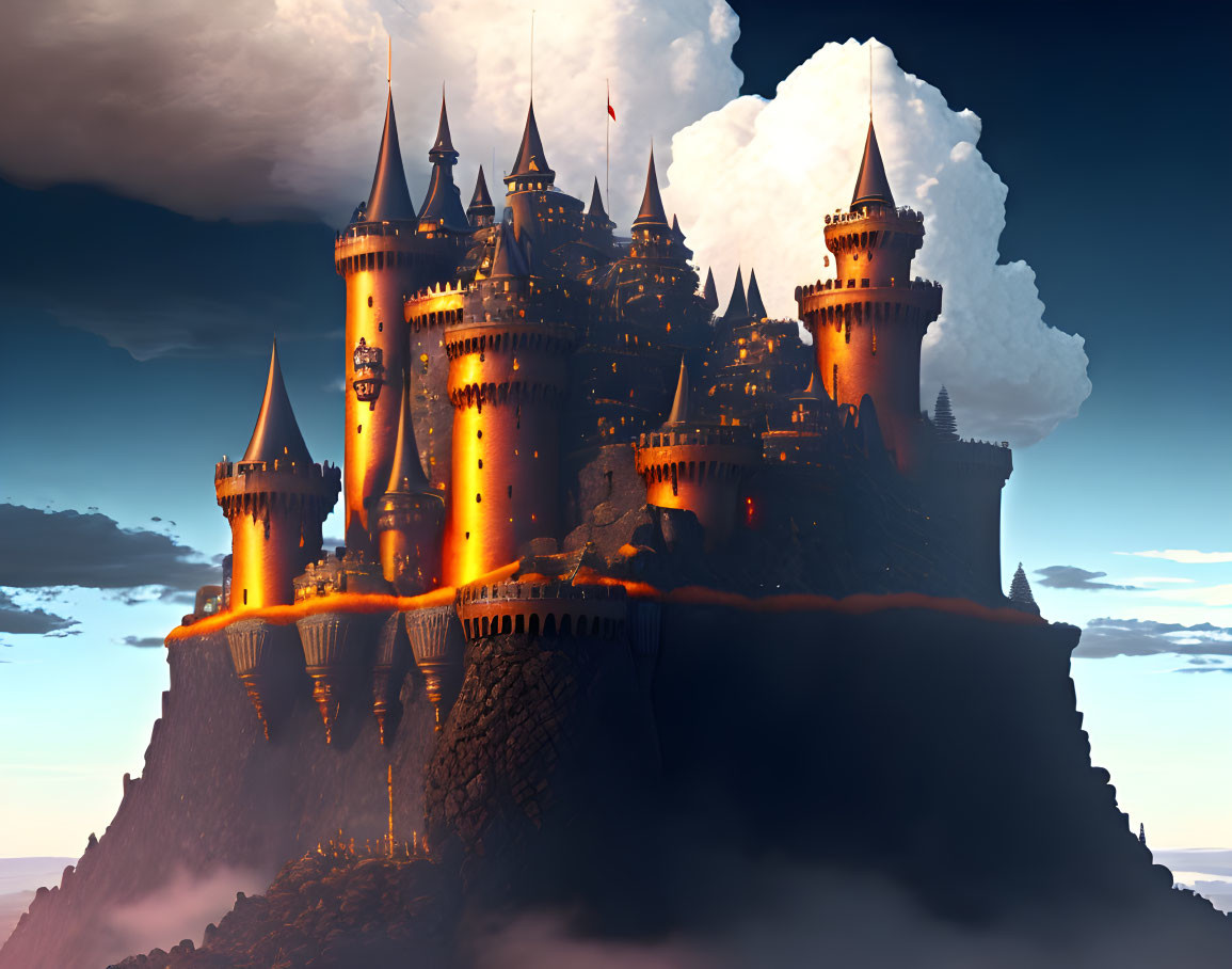 Majestic castle with multiple spires on cliff at dusk