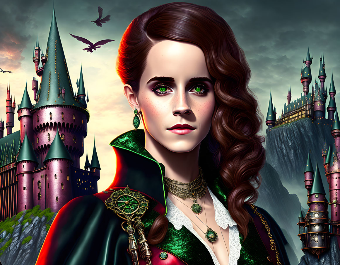 Illustrated woman with green eyes and curly hair in fantasy castle scene.