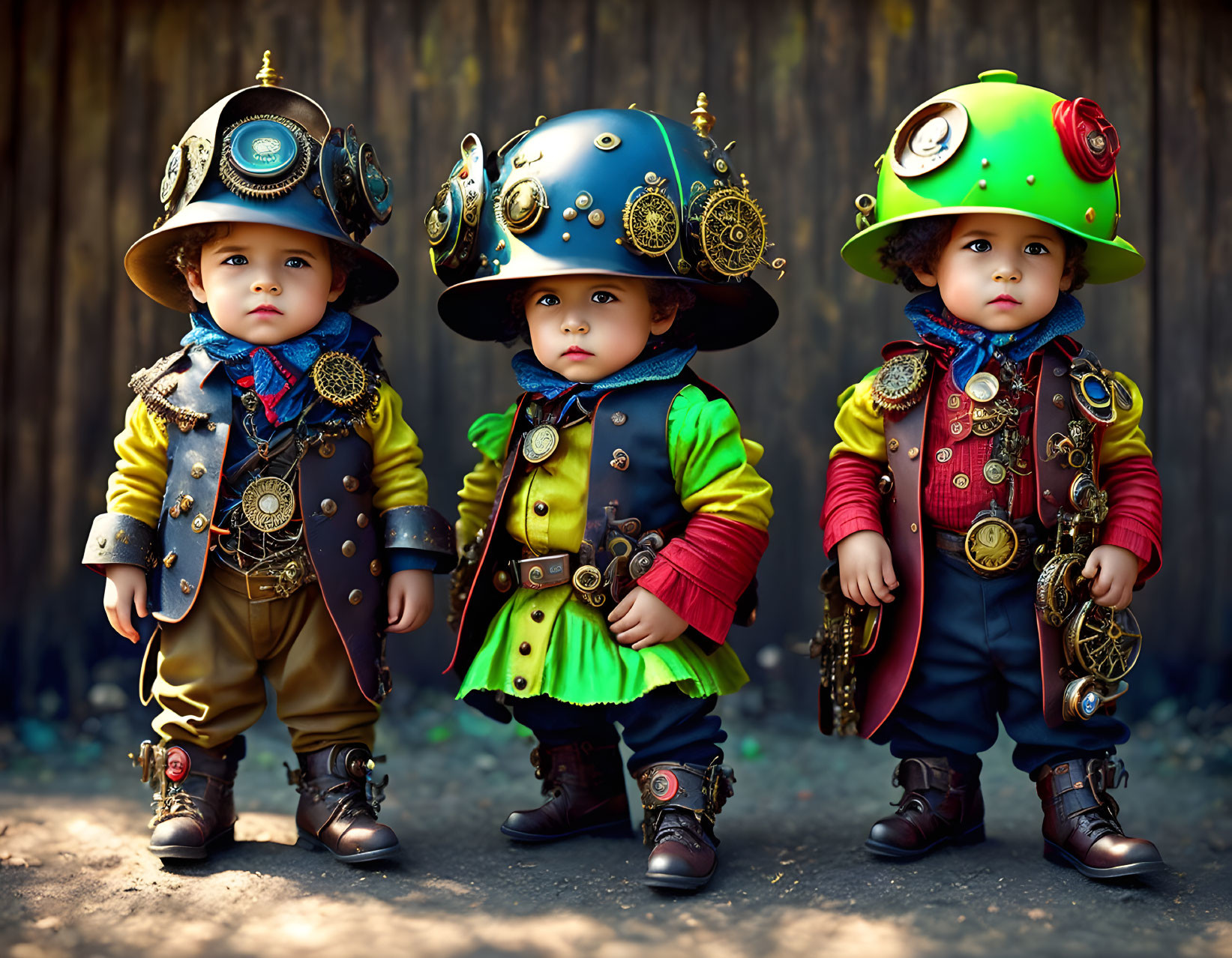 Three toddlers in steampunk attire with decorated helmets, colorful coats, and boots standing together.