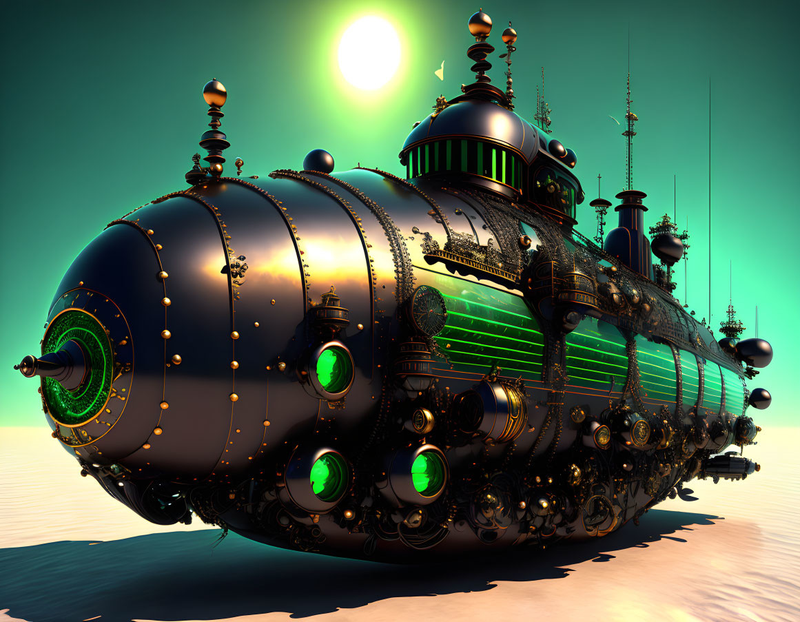 Futuristic submarine with green lights and antennas in teal sky