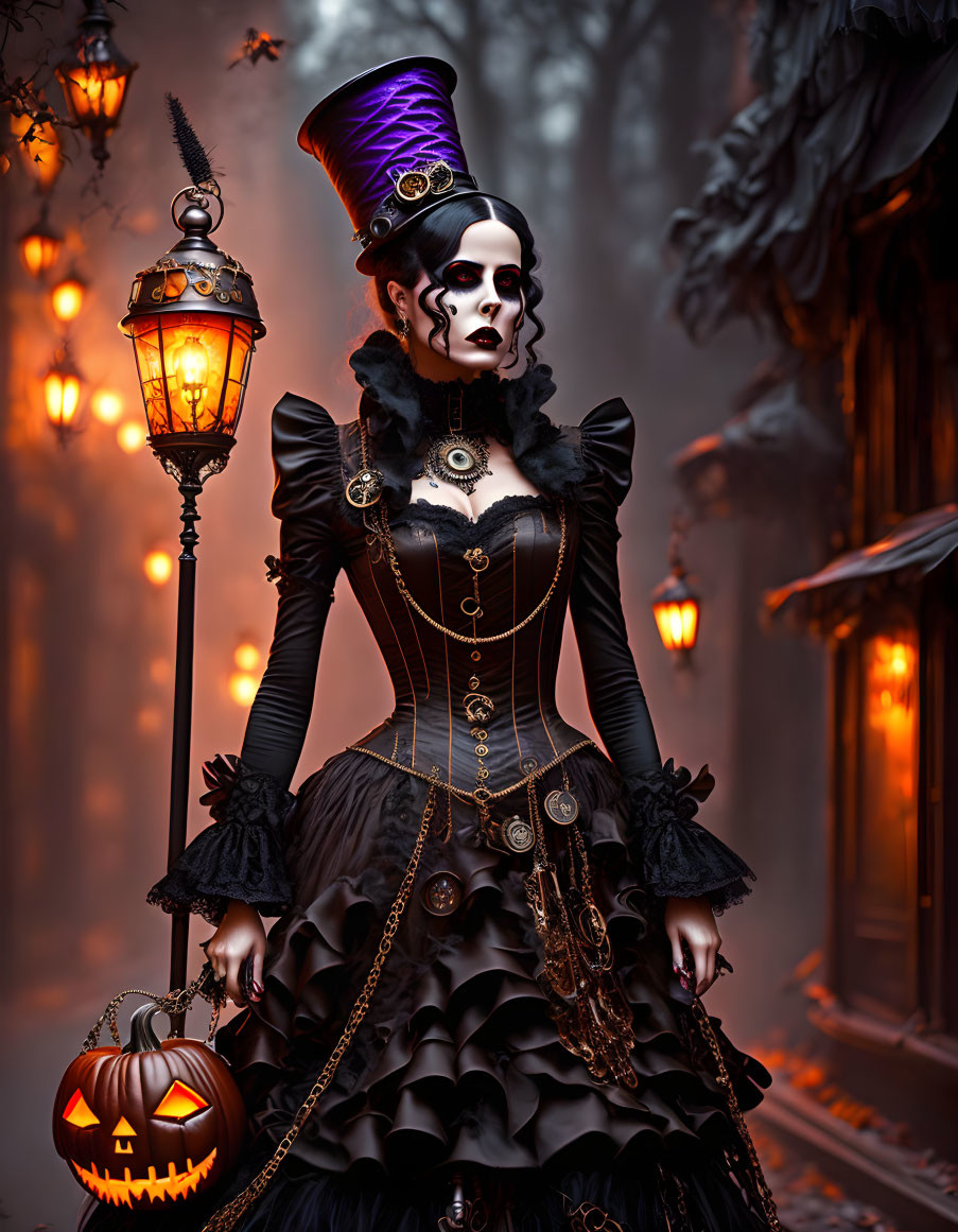 Elaborate Gothic Costume with Jack-o'-lantern in Misty Forest