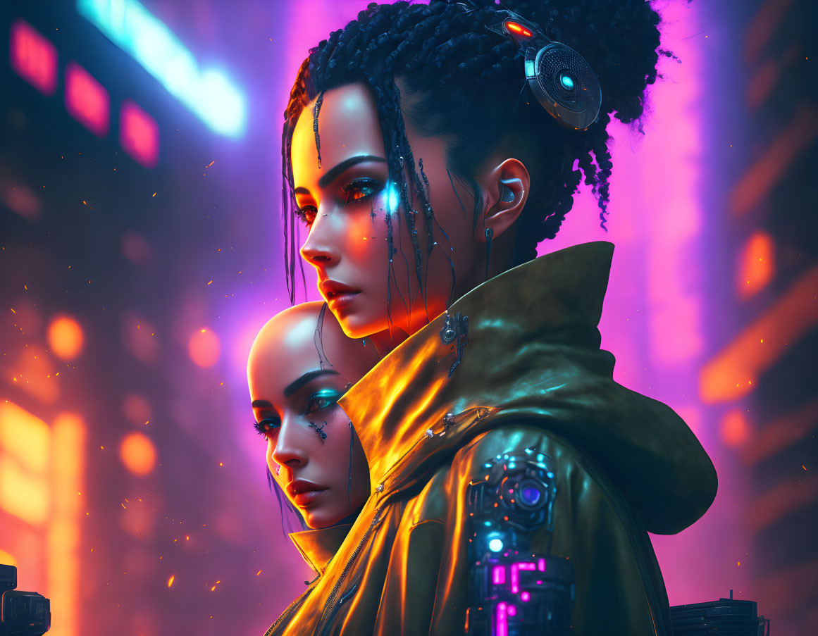 Futuristic women with cybernetic enhancements in neon cityscape