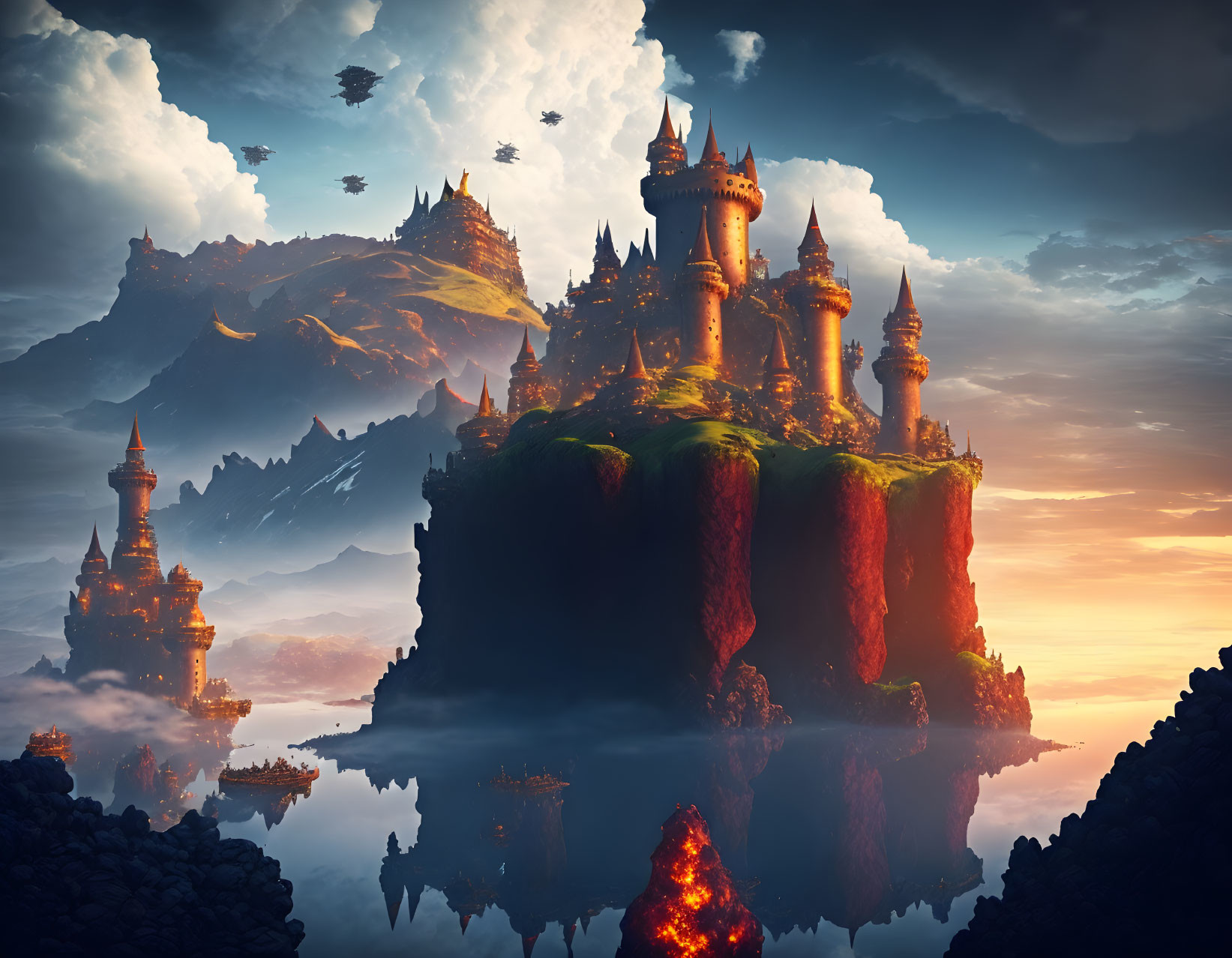 Majestic castle on floating island at sunset with flying ships